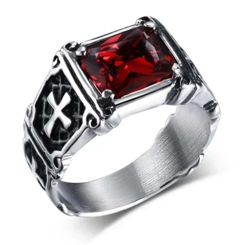 Christian Gothic Red Gemstone Cross Ring Vintage Catholic Prayer Amulet Jewelry for Men