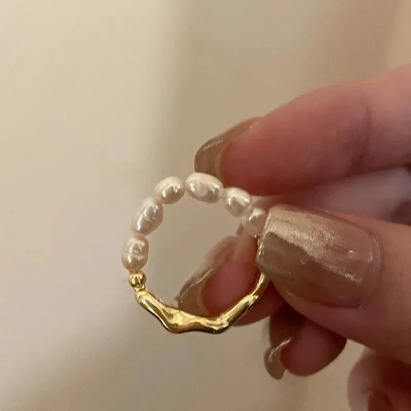 Korean Retro Elastic Rope Imitation Pearl Beaded Ring for Women Fashion Party Metal Chain Splicing Finger Ring Jewelry Women