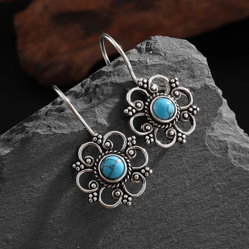 Beautifully Inlaid Blue Turquoise Flower Hypoallergenic Earrings for Women Stylish Elegant Banquet Jewelry