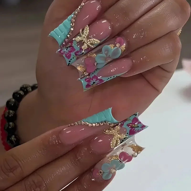24Pcs Sweet Cool Spice Girl Press on Nails Black French Bow False Nails Y2k Star Glitter Diamond Nail Long Square Gel Fake Nails