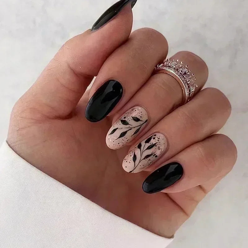 24pcs winter fall leaves brown black false nails with almond French artificial nails with glue short stiletto fake press on nail