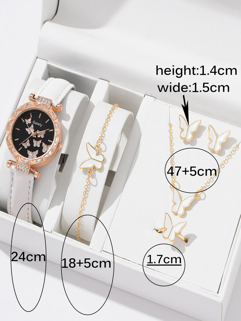 6pcs Luxury Watches Women's Ring Necklace Earrings Bracelet Set Watch Butterfly Leather strap Women's Quartz Watch No case