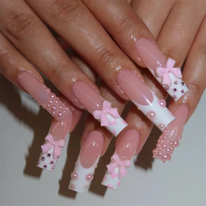24Pcs Sweet Cool Spice Girl Press on Nails Black French Bow False Nails Y2k Star Glitter Diamond Nail Long Square Gel Fake Nails