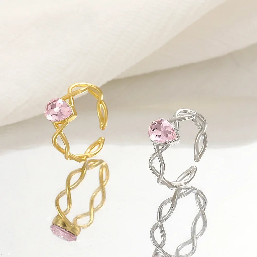 Princess Pink Crystal Rings for Woman Girls Fairy Water Drop Open Ring Fashion Party Wedding Jewelry Gift Sweet Finger Rings
