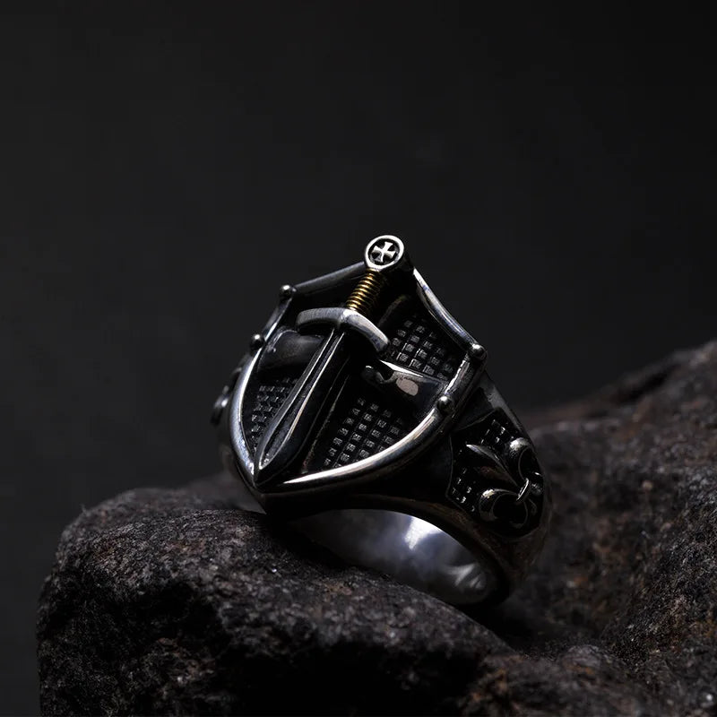 Punk Excalibur Open Ring Vintage Medieval Templar Shield Ring Men's Domineering Cool Trend Jewelry Gift