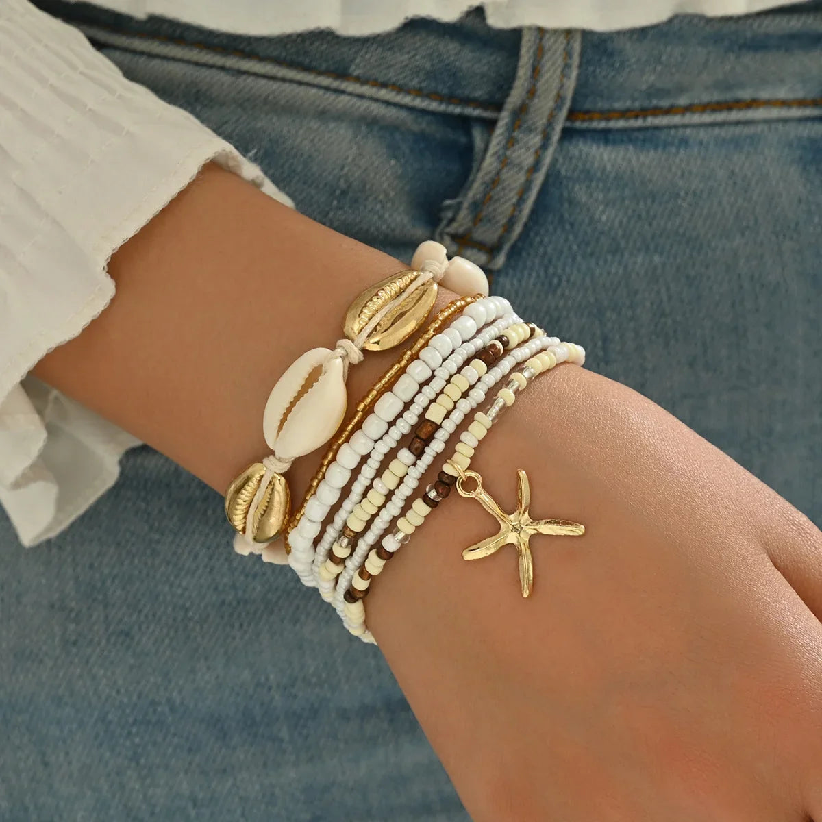 7PC/set Shell Starfish Pendant Rice Beads Beaded Women's Ankle Chain or Bracelet Summer Fashion Multi-layer Vintage Jewelry 도매