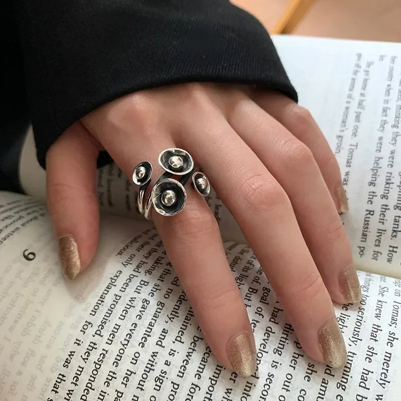 Exaggerate Metal Alloy Pearl Flower Rings for Women Vintage Gold Color Big Flower Open Adjustable Finger Ring Jewelry Anillos