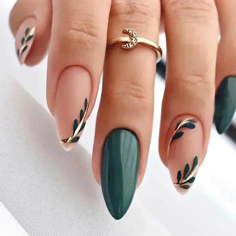 24pcs winter fall leaves brown black false nails with almond French artificial nails with glue short stiletto fake press on nail