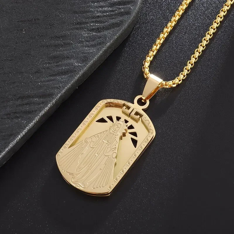 Beautiful Stainless Steel Catholic Virgin Mary Portrait Square Pendant Necklace for Men and Women Religious Catholic Jewelry