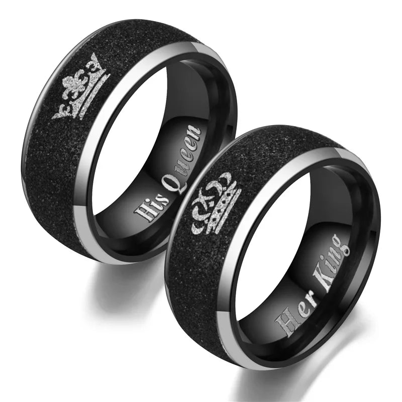 Black Frosted Stainless Steel Couple Rings Queen Men and Women Rings Fashion Romantic Couple Rings Jewelry Wholesale