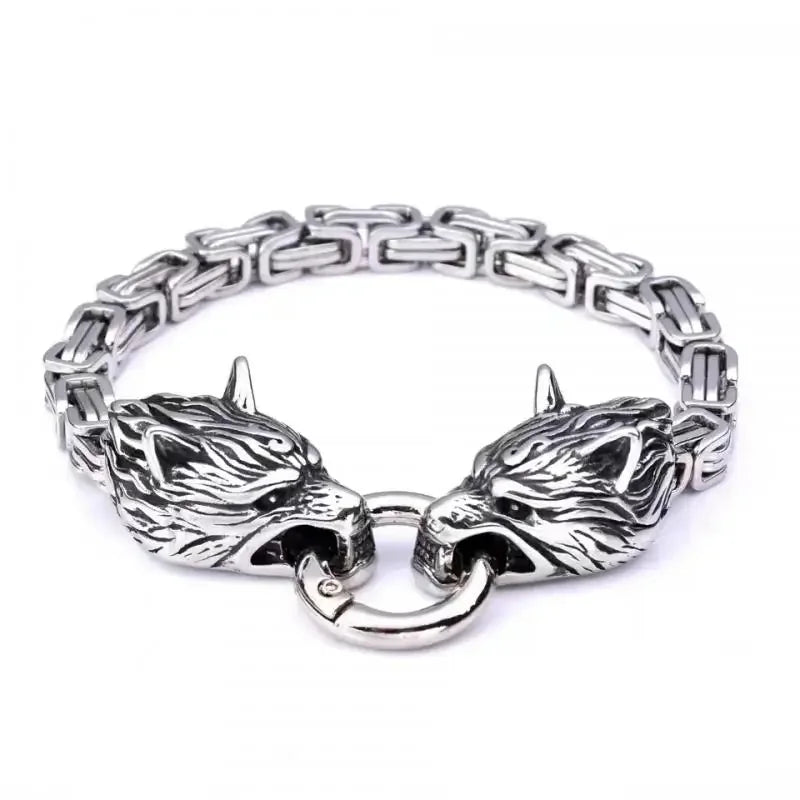 Nordic  Celtic Double Wolf Head Men's Stainless Steel Chain Bracelet Byzantine King Chain Punk Rock Party Jewelry