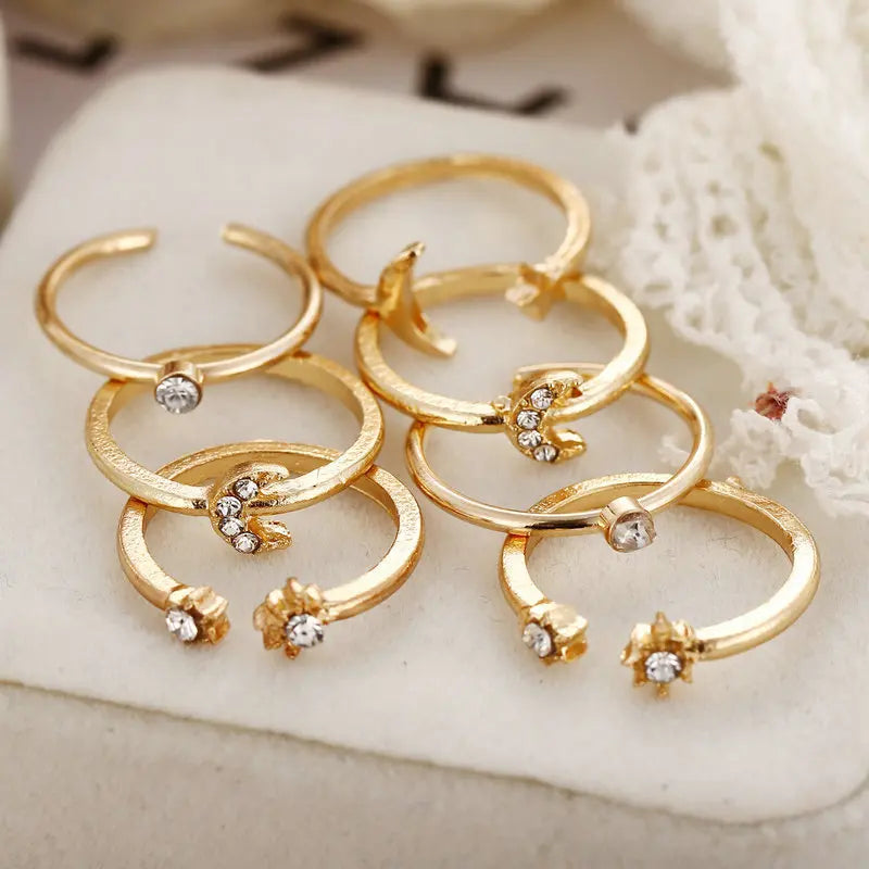 Vintage Korean Gold Silver Color Pearl Rings Set Jewelry For  Girls Butterfly Hollow Heart  Ring For Women Accessories