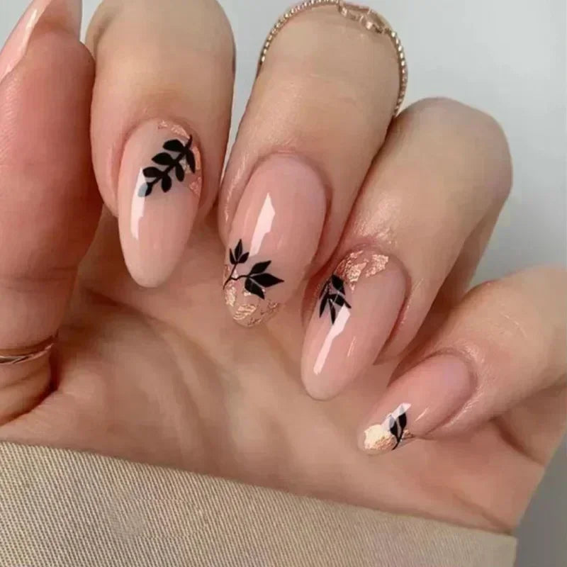 24pcs winter fall leaves brown black false nails with almond French artificial nails with glue short stiletto fake press on nail
