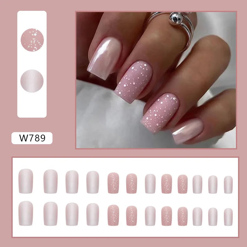 Sweet French 24 Pcs Press on Nails Pink Gradient Fake Nails Glossy Artificial Finger Manicure Reusable False Nails for Women