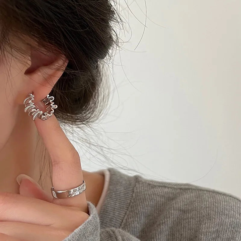 Personality Irregular Wavy Pleated Hoop Earrings for Women New Charm Gold Plated Stainless Steel Dangle Jewelry Accessories Gift