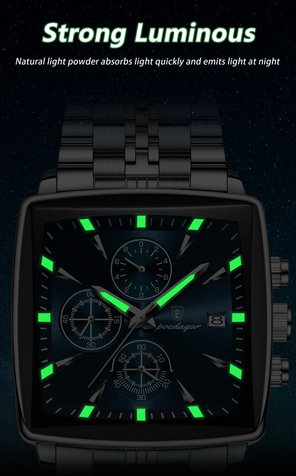 POEDAGAR Square Men Watch Waterproof Luminous Chronograph Calendar Man Wristwatch Stainless Steel Quartz Men's Watches+Box Reloj