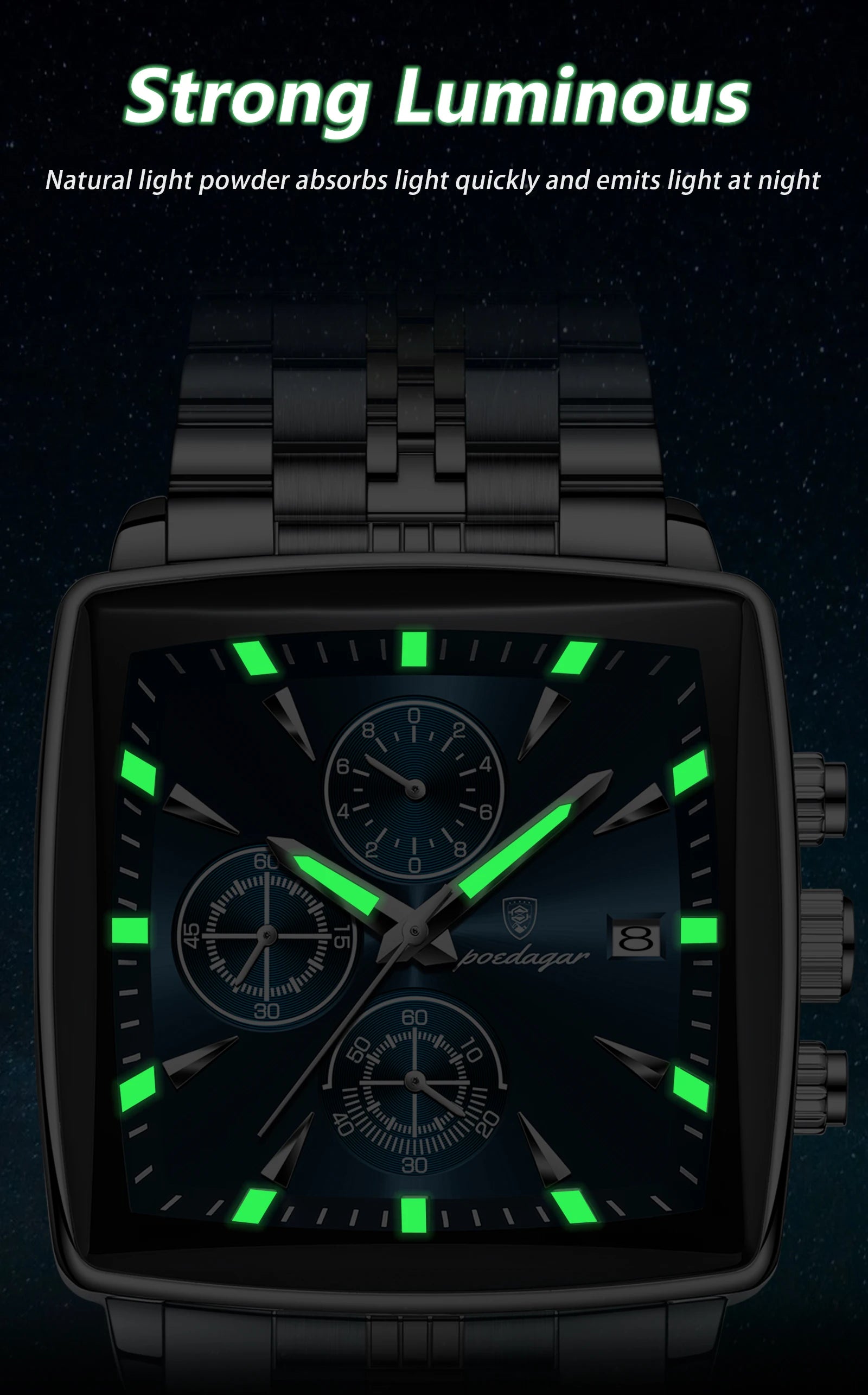 POEDAGAR Square Men Watch Waterproof Luminous Chronograph Calendar Man Wristwatch Stainless Steel Quartz Men's Watches+Box Reloj