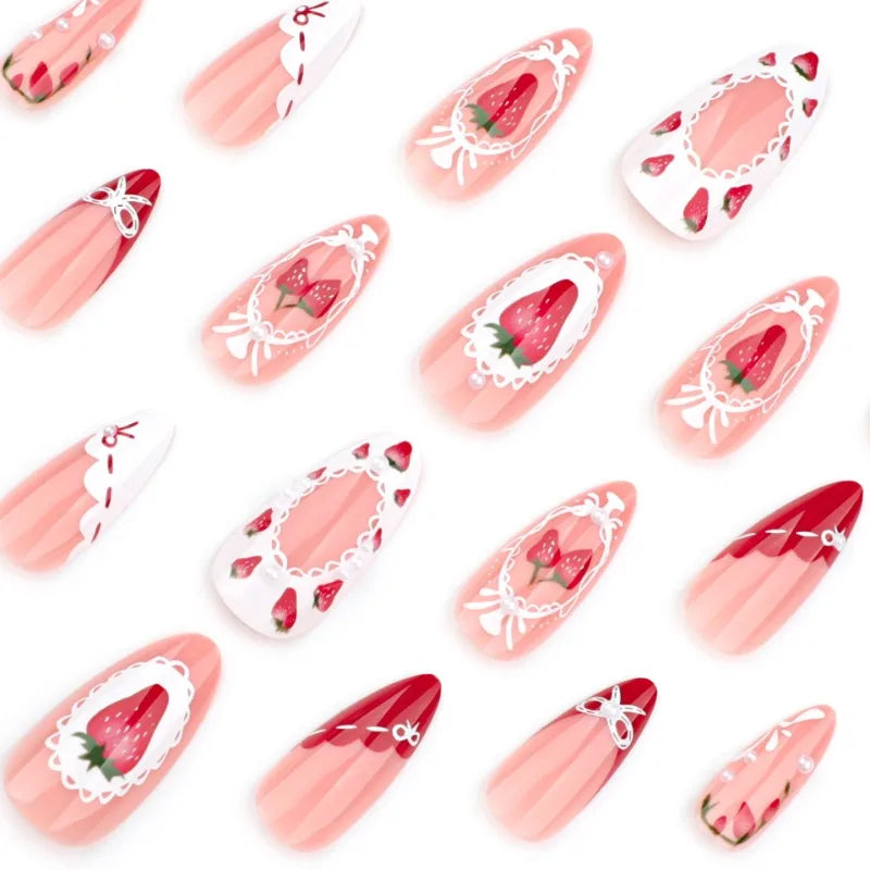 24Pcs Sweet Almond Nails Set Press On Nails Cute Mini Flower False Nail Floral Bow Diamond Full Cover Artificial Nails Art Tips
