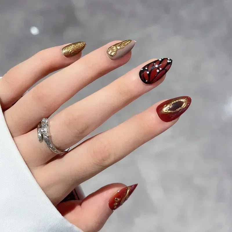 24Pcs Sweet Spice Girl Almond Press on Fake Nails Sun Star Eye False Nails Full Cover Gold Chrome Powder Artificial Nail Art Tip