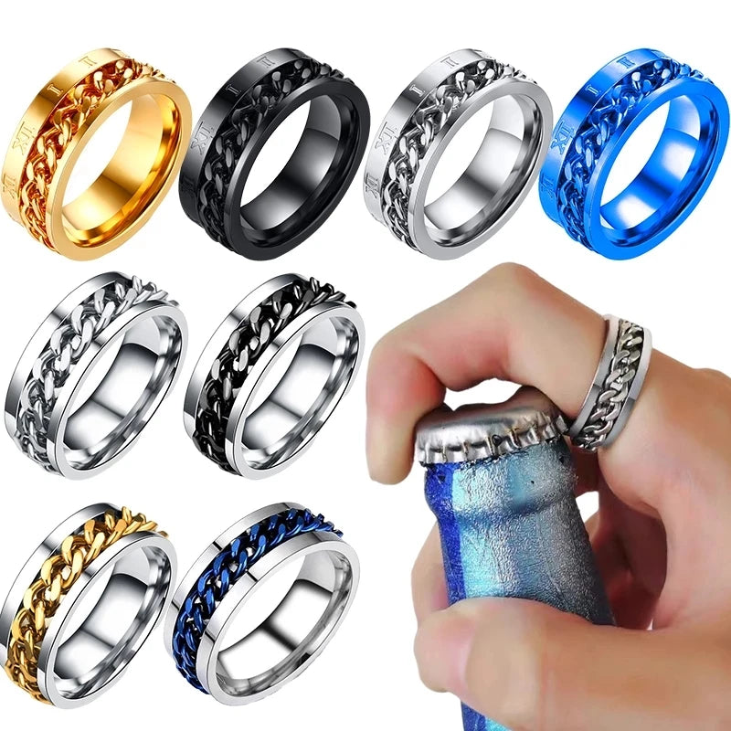 Titanium Steel Rotatable Chain Rings for Men Women Spinner Ring Anti Stress Multifunctional Rings Bottle Opener Ring Club Gift
