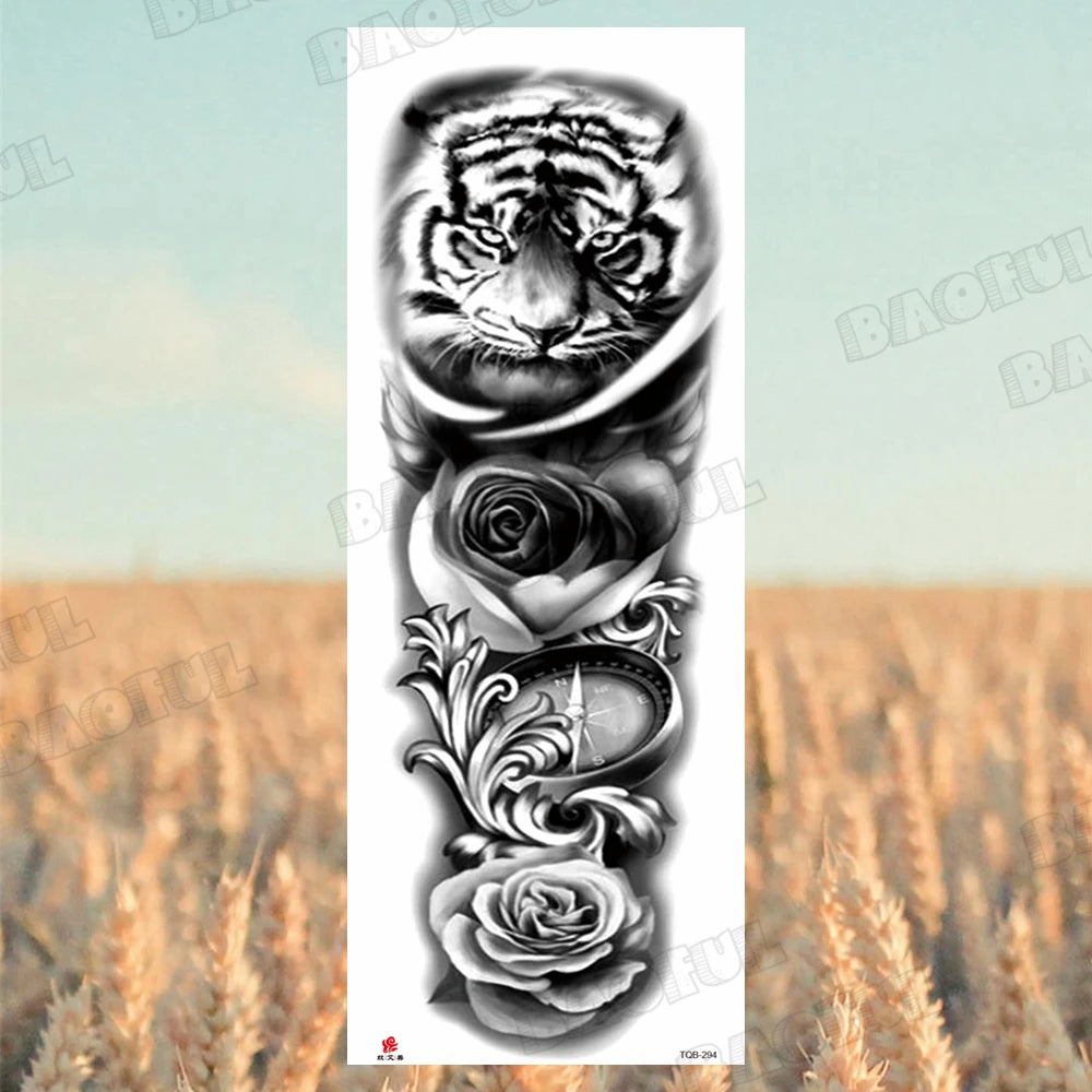 Arm Sleeve Temporary Tattoos For Women Men Realistic Wolf Lion Rosette War Maori Flower Fake Tattoo Stickers Sexy Thigh Tatoos