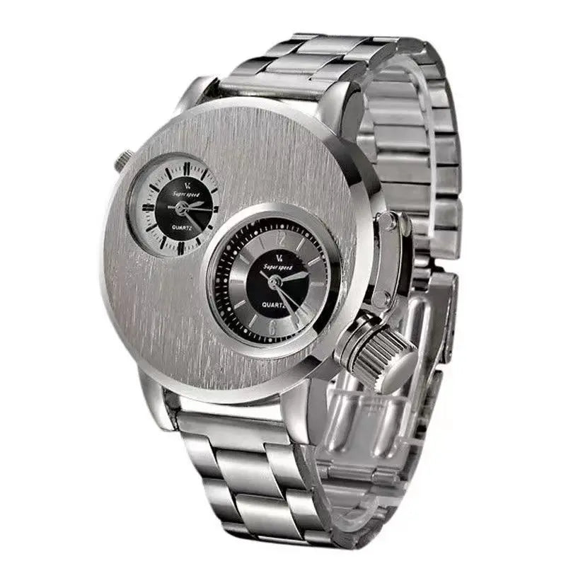 YIKAZE Luxury Quartz Men's Watches Punk Style Dual Dial Business Men Wristwatch Stainless Steel Strap Waterproof Military Watch