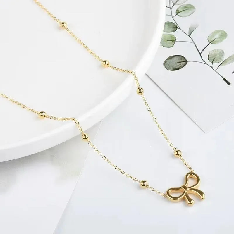 Stainless Steel Beads Chain Hollow Bowknot Pendant Necklace Bracelet for Women Niche Simple Jewery Accessory