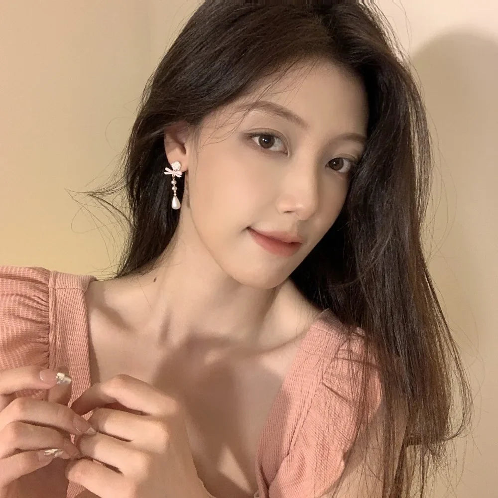 Fashion French Lovely Elegant Earring Vintage Mini Luxury Bow Heart Ear Stud Korean Style Pearl Earrings Women Drop Earrings