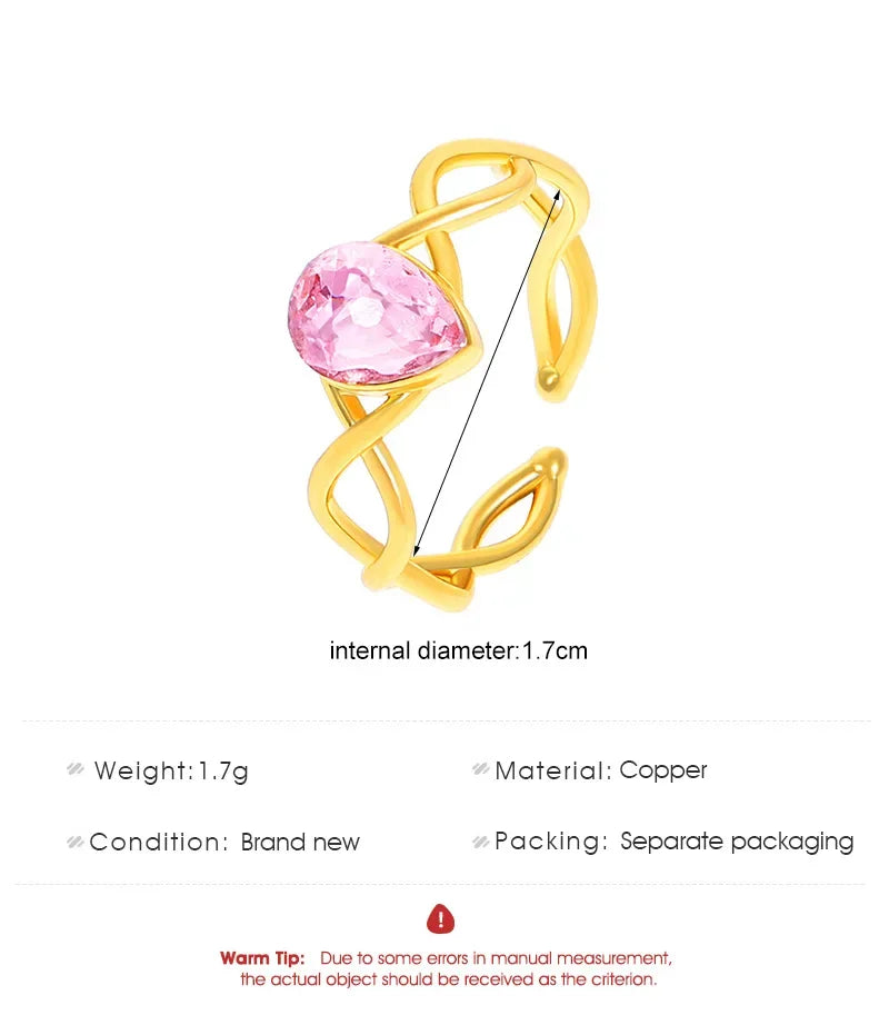 Princess Pink Crystal Rings for Woman Girls Fairy Water Drop Open Ring Fashion Party Wedding Jewelry Gift Sweet Finger Rings