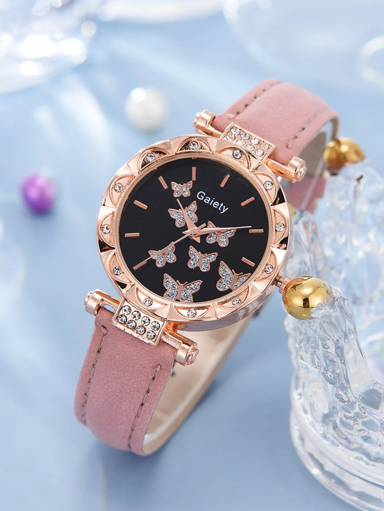 6pcs Luxury Watches Women's Ring Necklace Earrings Bracelet Set Watch Butterfly Leather strap Women's Quartz Watch No case