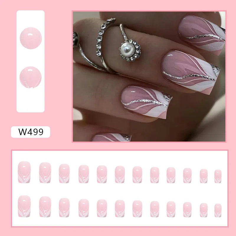 Sweet French 24 Pcs Press on Nails Pink Gradient Fake Nails Glossy Artificial Finger Manicure Reusable False Nails for Women