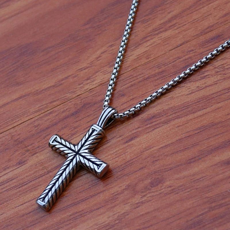 Twisted Pattern Cross Pendant Necklace Retro Simple Stainless Steel Chain Silver Color Hip Hop Jewelry Gifts For Women Men