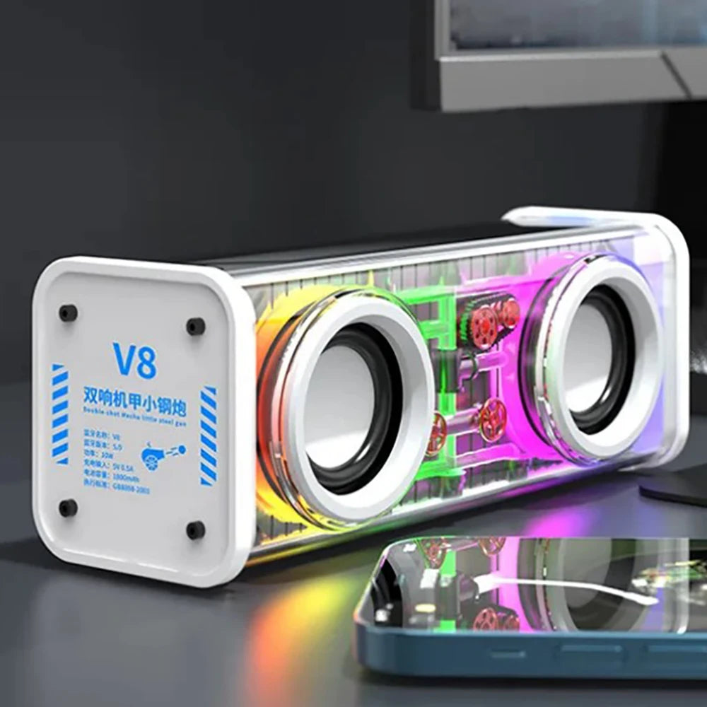 Bluetooth 5.0 Dual Speakers 1800mAh Transparent Mecha Speakers Wireless RGB Light Effect Loudspeaker Bass Subwoofer Mini Speaker