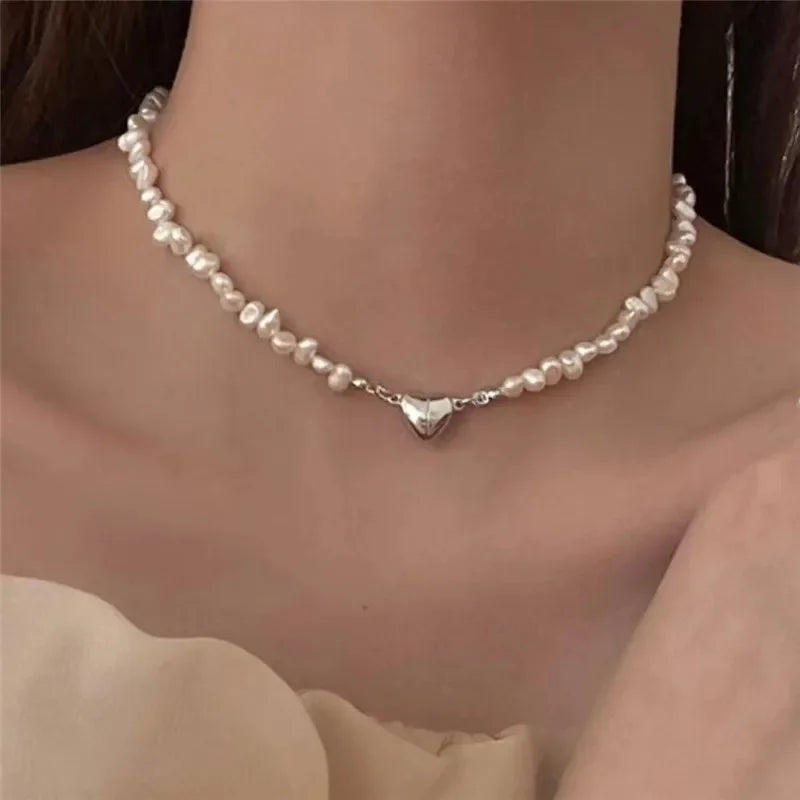 Korean Pearl Chain Choker Necklace Magnetic Heart Pendant for Women Girls 2024 Fashion Jewelry Bridal Engagement Wedding Gifts