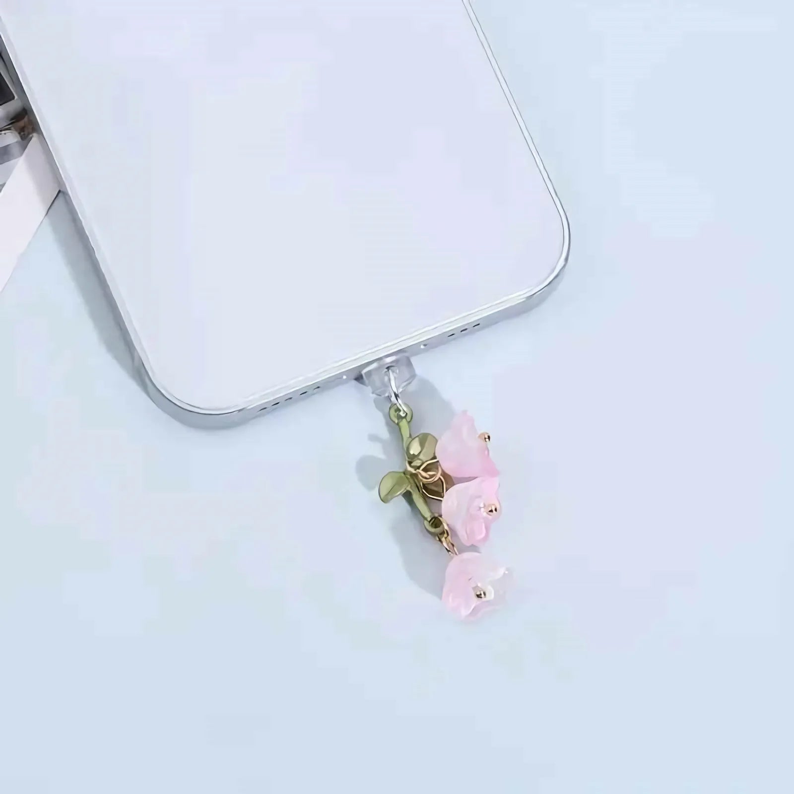 1PC For Phone/Type-C Interface Cute Pink Lily Of The Valley Phone Charm Flower Green Leaf Dust Plug DIY Accessories