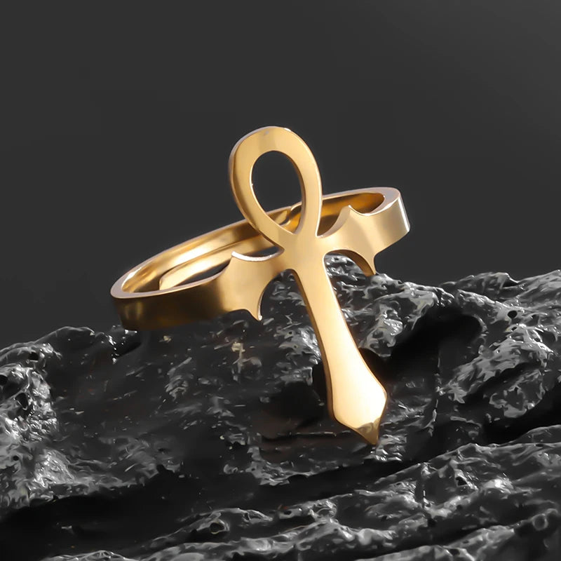 Stainless Steel Ankh Cross Ring Vintage Egyptian Life Key Protection Symbol Amulet Jewelry Men Women