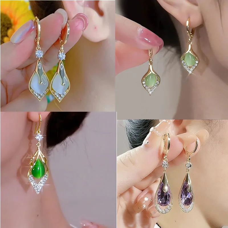 Trend Korean New Zircon Earrings for Women Fashion White Green Moonlight Cat Eye Stone Earrings Party Jewelry Gifts Aretes
