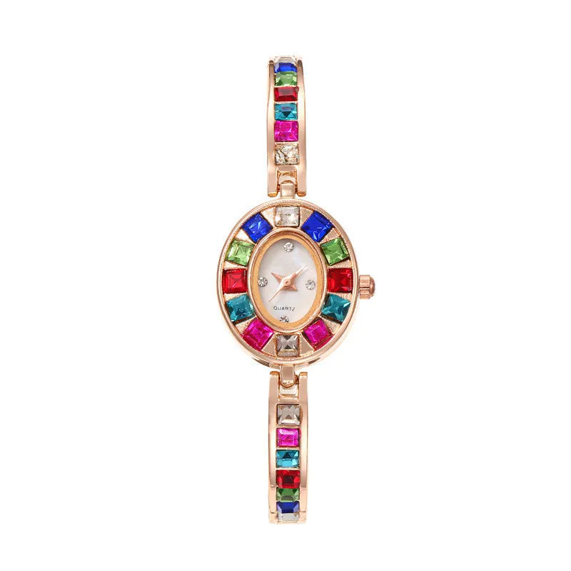Dropshipping Women Quartz Watches New Fashion Rainbow Rhinestone Strap Oval Dial Bracelet Watch Wholesale Wristwatches Reloj