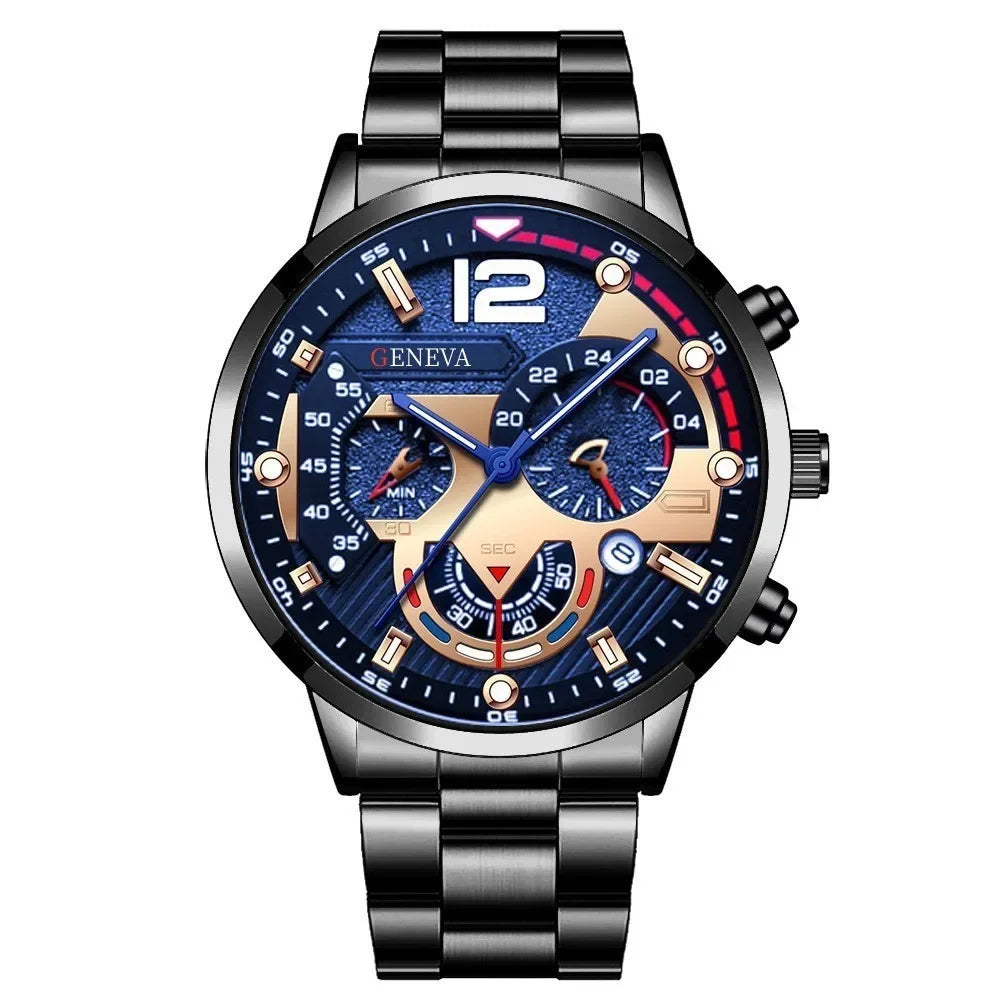 Luxury Men Business Quartz Watches 4pcs Set Gold Alloy Roman with Calendar Wrist Watch Cross Necklace Bracelet Ring Set Men Gift