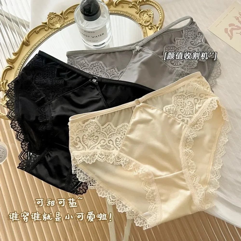 High-quality Satin Panties Soild Color Breathable Underwear Women French Sexy Lace Bow Lingerie Mid-waist Thin Mesh Briefs 도매