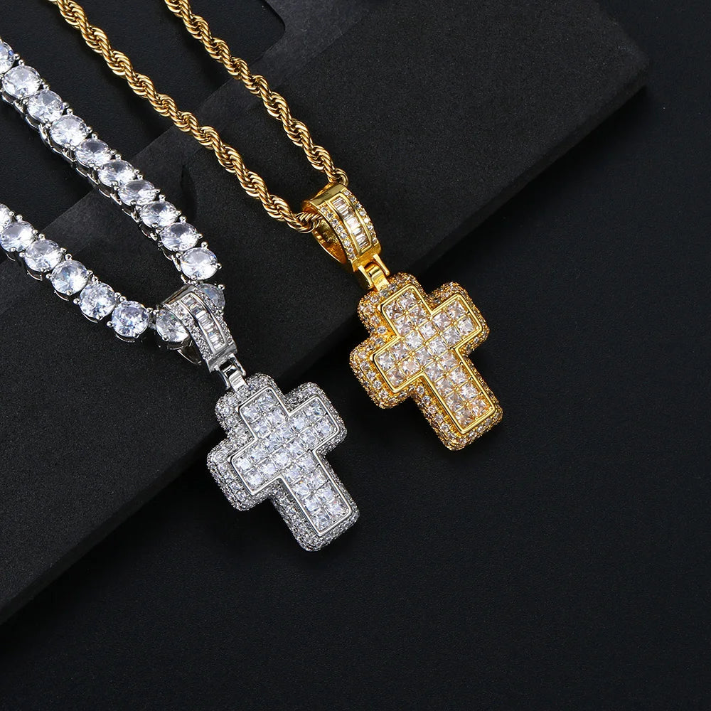 Hiphop Luxury Inlaid CZ Cross Pendant Rope Chain Necklaces for Men Women Punk Personality Rapper Accessory Fashion Neck Jewelry
