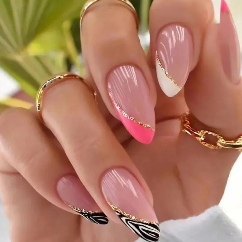 24pcs winter fall leaves brown black false nails with almond French artificial nails with glue short stiletto fake press on nail