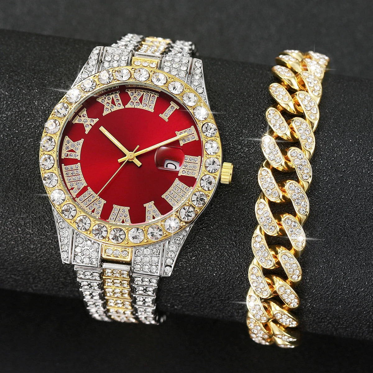 2PCS Luxury Rhinestone Men Watches Fashion Stainless Steel Band Male's Analog Quartz Watch Bracelet Set Relogios Masculino