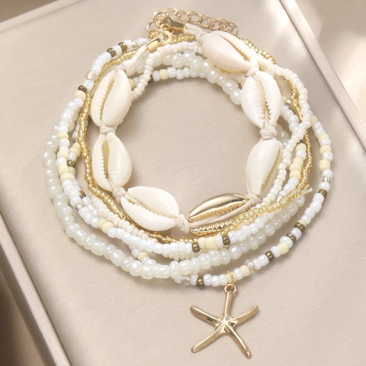 7PC/set Shell Starfish Pendant Rice Beads Beaded Women's Ankle Chain or Bracelet Summer Fashion Multi-layer Vintage Jewelry 도매