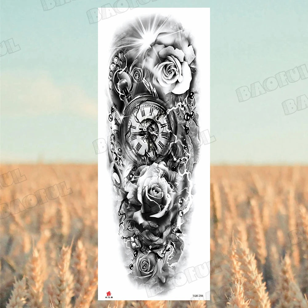 Arm Sleeve Temporary Tattoos For Women Men Realistic Wolf Lion Rosette War Maori Flower Fake Tattoo Stickers Sexy Thigh Tatoos