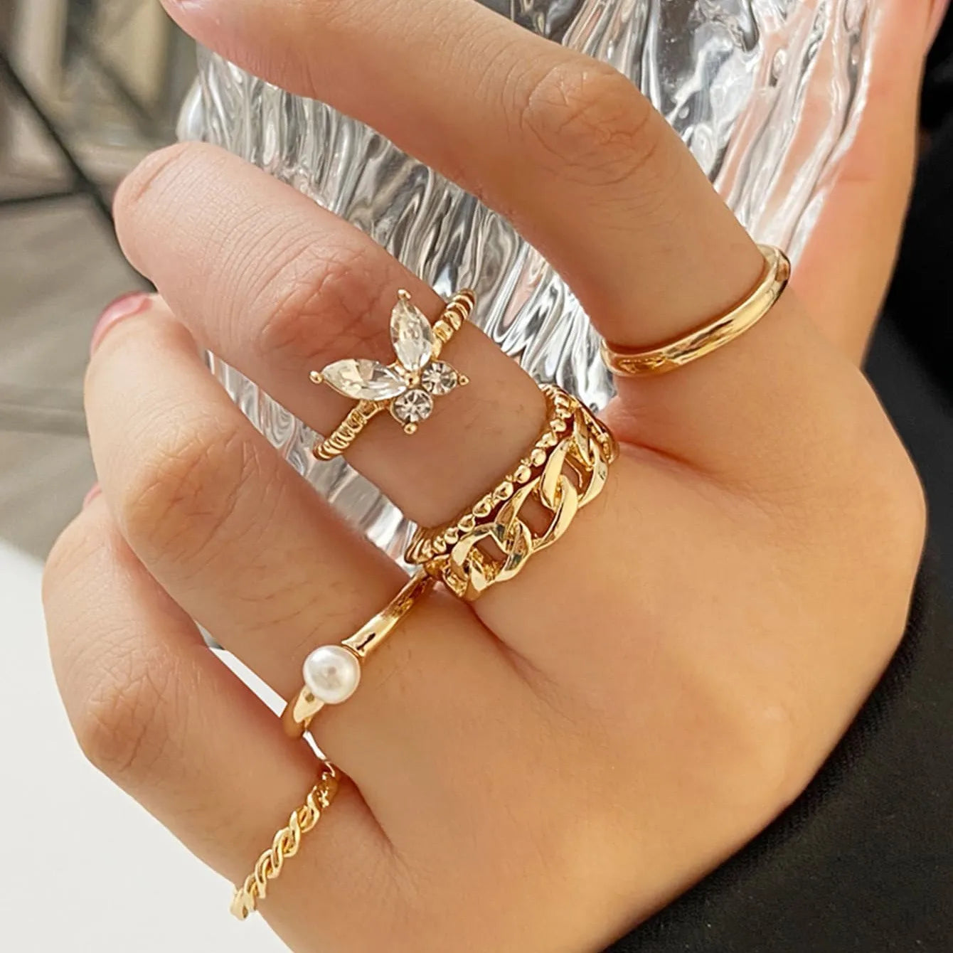 Vintage Korean Gold Silver Color Pearl Rings Set Jewelry For  Girls Butterfly Hollow Heart  Ring For Women Accessories