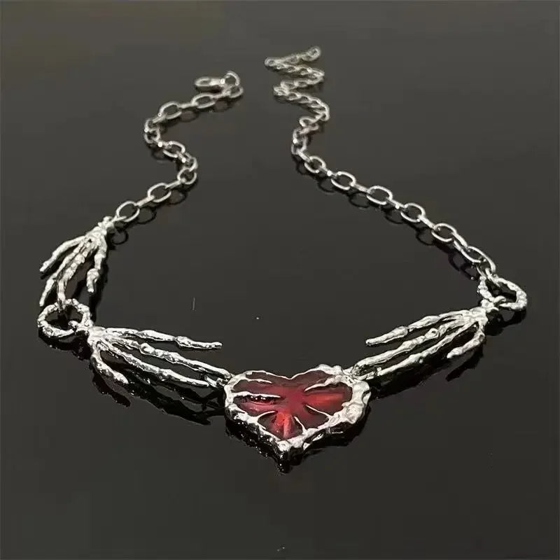 New Red Love Heart Pendant Necklace Women Exaggerated Clavicle Chain Niche Design Hand Bone Shape Charm Chain