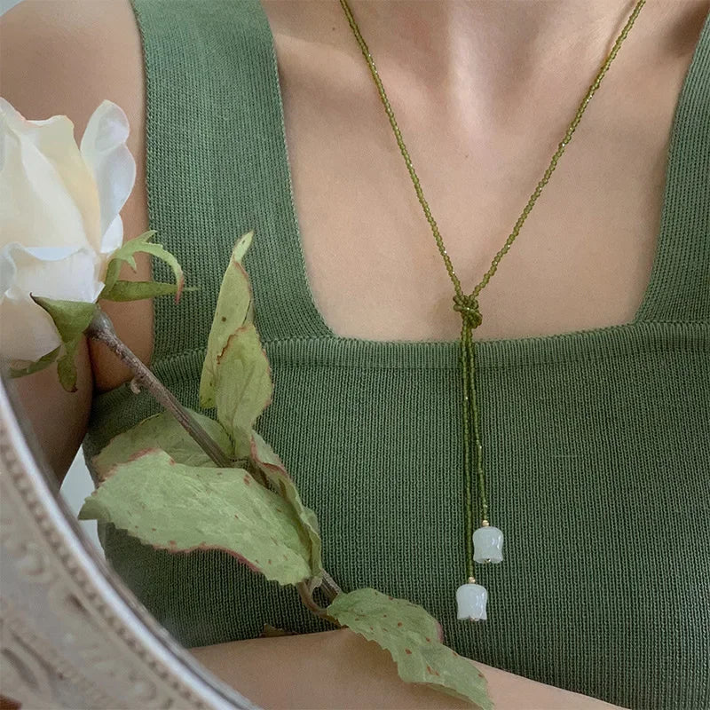 White Lily of The Valley Necklace Women Long Sweater Chains 2025 New Summer Green Necklace Pearl Flower Pendant Choker Jewelry