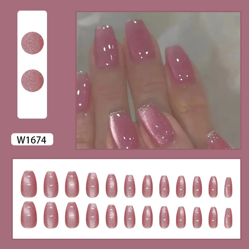 Sweet French 24 Pcs Press on Nails Pink Gradient Fake Nails Glossy Artificial Finger Manicure Reusable False Nails for Women