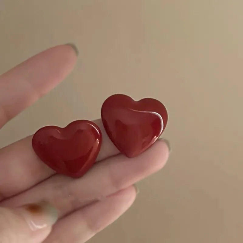 Vintage Cute Red Love Heart Stud Earrings for Women 2024 Korean Fashion Charm Wedding Bride Jewelry Accessories Anniversary Gift